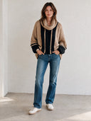 Women's Classic Casual Chunky Knit Cowl Neck Sweater Camel Black Vertical Stripe Drop Shoulder Pullover ZMZ1483J8ZYY