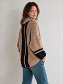Women's Classic Casual Chunky Knit Cowl Neck Sweater Camel Black Vertical Stripe Drop Shoulder Pullover ZMZ1483J8ZYY