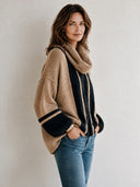 Women's Classic Casual Chunky Knit Cowl Neck Sweater Camel Black Vertical Stripe Drop Shoulder Pullover ZMZ1483J8ZYY