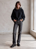 Women's Classic Casual Black Waffle Knit Hooded Pullover Sweater With Contrast Blanket Stitch Trim ZMZ1466J0ZYY