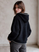 Women's Classic Casual Black Waffle Knit Hooded Pullover Sweater With Contrast Blanket Stitch Trim ZMZ1466J0ZYY