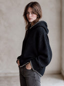 Women's Classic Casual Black Waffle Knit Hooded Pullover Sweater With Contrast Blanket Stitch Trim ZMZ1466J0ZYY