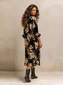Women's Retro American-Style Floral Print Velvet Button-Down Shirt Dress, Oversized Long Sleeve Midi Dress ZMZ1483J9ZYY