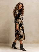 Women's Retro American-Style Floral Print Velvet Button-Down Shirt Dress, Oversized Long Sleeve Midi Dress ZMZ1483J9ZYY