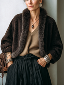 Women's Stylish And Warm Dark Brown Faux Shearling Cardigan With A Mink Fur Collar Accent ZMZ1448J8SWL