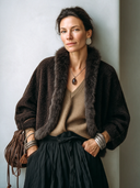 Women's Stylish And Warm Dark Brown Faux Shearling Cardigan With A Mink Fur Collar Accent ZMZ1448J8SWL