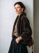Women's Stylish And Warm Dark Brown Faux Shearling Cardigan With A Mink Fur Collar Accent ZMZ1448J8SWL