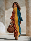 Women's Retro American-Style Color-Block Velvet Maxi Dress With Crew Neck And Flared Sleeves ZMZ1474J3ZYY