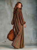 Women's Retro American-Style Striped Print Velvet V-Neck Lantern-Sleeve Loose Maxi Dress ZMZ1414J1ZYY