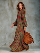 Women's Retro American-Style Striped Print Velvet V-Neck Lantern-Sleeve Loose Maxi Dress ZMZ1414J1ZYY
