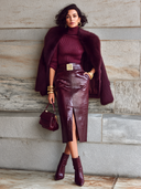 Women's Fashionable Burgundy Crocodile-Textured PU Leather Slit Skirt ZMZ1466J1SWL