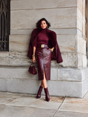 Women's Fashionable Burgundy Crocodile-Textured PU Leather Slit Skirt ZMZ1466J1SWL