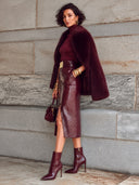 Women's Fashionable Burgundy Crocodile-Textured PU Leather Slit Skirt ZMZ1466J1SWL