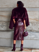 Women's Fashionable Burgundy Crocodile-Textured PU Leather Slit Skirt ZMZ1466J1SWL