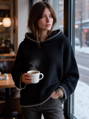 Women's Classic Casual Black Waffle Knit Hooded Pullover Sweater With Contrast Blanket Stitch Trim ZMZ1466J0ZYY