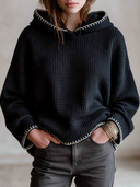 Women's Classic Casual Black Waffle Knit Hooded Pullover Sweater With Contrast Blanket Stitch Trim ZMZ1466J0ZYY