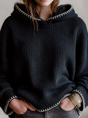 Women's Classic Casual Black Waffle Knit Hooded Pullover Sweater With Contrast Blanket Stitch Trim ZMZ1466J0ZYY