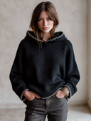Women's Classic Casual Black Waffle Knit Hooded Pullover Sweater With Contrast Blanket Stitch Trim ZMZ1466J0ZYY