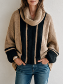 Women's Classic Casual Chunky Knit Cowl Neck Sweater Camel Black Vertical Stripe Drop Shoulder Pullover ZMZ1483J8ZYY