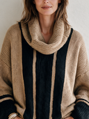 Women's Classic Casual Chunky Knit Cowl Neck Sweater Camel Black Vertical Stripe Drop Shoulder Pullover ZMZ1483J8ZYY