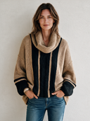 Women's Classic Casual Chunky Knit Cowl Neck Sweater Camel Black Vertical Stripe Drop Shoulder Pullover ZMZ1483J8ZYY