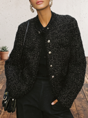Women's Black Sparkle Tweed Cropped Jacket With Gold Buttons, Collarless Long Sleeve ZMZ1445J2YZH