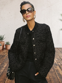 Women's Black Sparkle Tweed Cropped Jacket With Gold Buttons, Collarless Long Sleeve ZMZ1445J2YZH