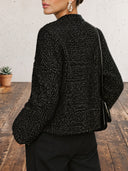 Women's Black Sparkle Tweed Cropped Jacket With Gold Buttons, Collarless Long Sleeve ZMZ1445J2YZH