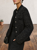 Women's Black Sparkle Tweed Cropped Jacket With Gold Buttons, Collarless Long Sleeve ZMZ1445J2YZH