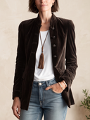 Women's Chocolate Brown Velvet Stand Collar Single-Breasted Slim Blazer Jacket ZMZ1408J4YZH