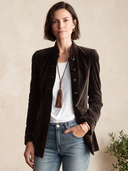 Women's Chocolate Brown Velvet Stand Collar Single-Breasted Slim Blazer Jacket ZMZ1408J4YZH
