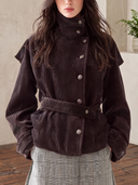 Women's Dark Brown Corduroy Belted Jacket With High Stand Collar And Asymmetric Button Front ZMZ1467J0YZH