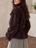 Women's Dark Brown Corduroy Belted Jacket With High Stand Collar And Asymmetric Button Front ZMZ1467J0YZH