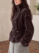 Women's Dark Brown Corduroy Belted Jacket With High Stand Collar And Asymmetric Button Front ZMZ1467J0YZH