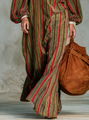 Women's Retro American-Style Striped Print Velvet V-Neck Lantern-Sleeve Loose Maxi Dress ZMZ1414J1ZYY