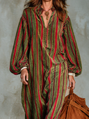 Women's Retro American-Style Striped Print Velvet V-Neck Lantern-Sleeve Loose Maxi Dress ZMZ1414J1ZYY