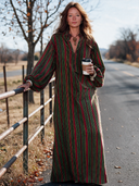 Women's Retro American-Style Striped Print Velvet V-Neck Lantern-Sleeve Loose Maxi Dress ZMZ1414J1ZYY