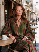 Women's Retro American-Style Striped Print Velvet V-Neck Lantern-Sleeve Loose Maxi Dress ZMZ1414J1ZYY