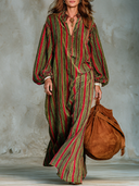 Women's Retro American-Style Striped Print Velvet V-Neck Lantern-Sleeve Loose Maxi Dress ZMZ1414J1ZYY