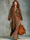 Women's Retro American-Style Striped Print Velvet V-Neck Lantern-Sleeve Loose Maxi Dress ZMZ1414J1ZYY