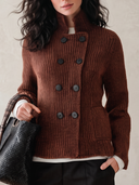 Women's Rust Brown Rib-Knit Double-Breasted Stand Collar Cardigan Jacket ZMZ1479J4YZH