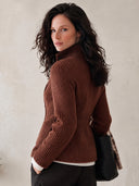 Women's Rust Brown Rib-Knit Double-Breasted Stand Collar Cardigan Jacket ZMZ1479J4YZH