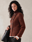 Women's Rust Brown Rib-Knit Double-Breasted Stand Collar Cardigan Jacket ZMZ1479J4YZH