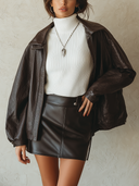 Women's Oversized Chocolate Brown Pebbled Leather-Look Zip-Front Jacket With Point Collar ZMZ1480J7YZH