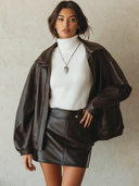 Women's Oversized Chocolate Brown Pebbled Leather-Look Zip-Front Jacket With Point Collar ZMZ1480J7YZH