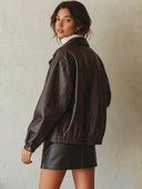 Women's Oversized Chocolate Brown Pebbled Leather-Look Zip-Front Jacket With Point Collar ZMZ1480J7YZH