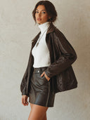 Women's Oversized Chocolate Brown Pebbled Leather-Look Zip-Front Jacket With Point Collar ZMZ1480J7YZH