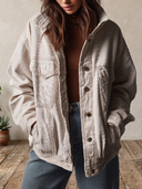 Women's Oversized Cream Corduroy Trucker Jacket With Flap Pockets And Button Front ZMZ1415J6YZH