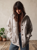 Women's Oversized Cream Corduroy Trucker Jacket With Flap Pockets And Button Front ZMZ1415J6YZH