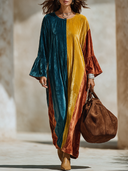 Women's Retro American-Style Color-Block Velvet Maxi Dress With Crew Neck And Flared Sleeves ZMZ1474J3ZYY